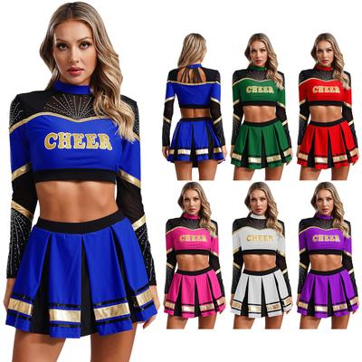 Costumi da cheerleader per donne, uniformi da cheerleader, top corto a maniche lunghe, gonna a trapezio plissettata, abito da ballo per spettacoli