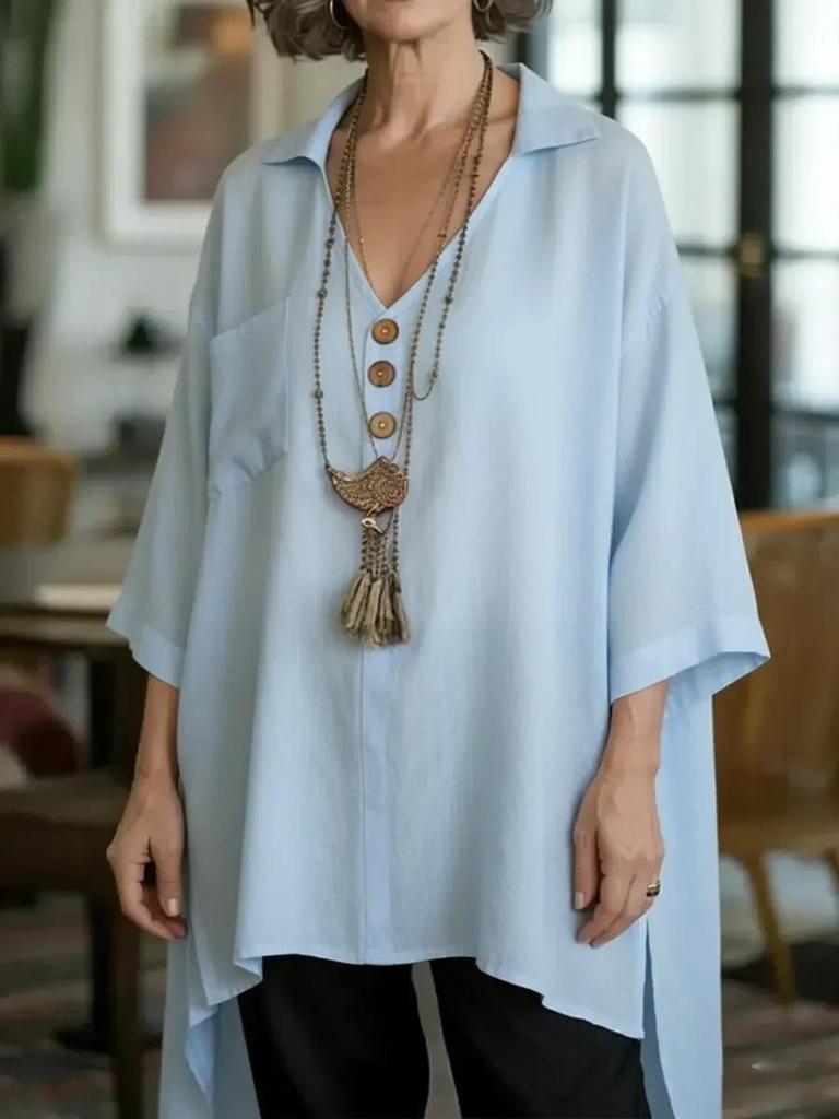 Spring/Summer 2026 Women's Cotton-Linen Top: European & American Style, Solid Color, Casual Loose Fit with Buttoned Short Front-Back Design.
