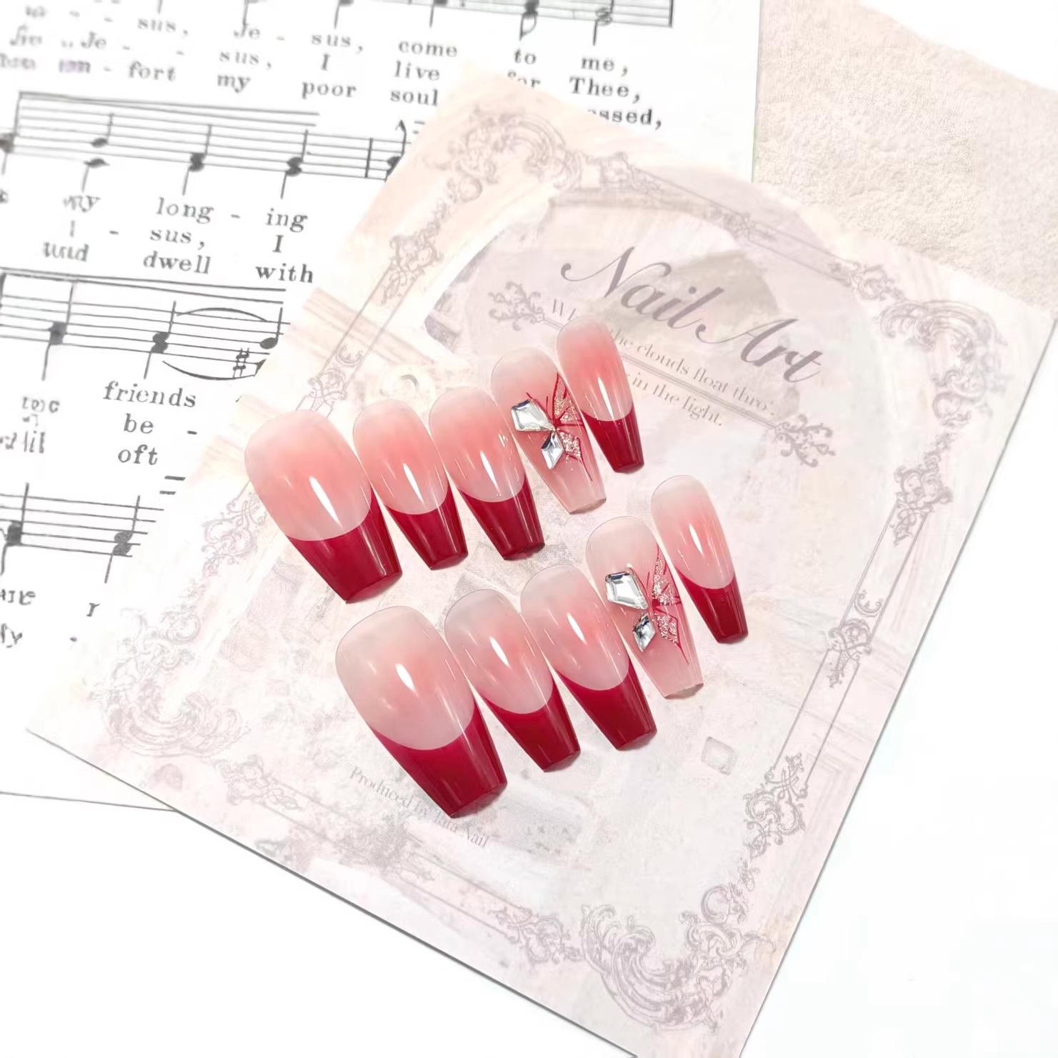 Осенне-Зимние Средне-Длинные Красные Французские Наклейки для Ногтей Бабочка со Стразами Medium