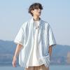 Men Short Sleeve Striped Shirt Loose Fit Casual Button Down Beachwear Top