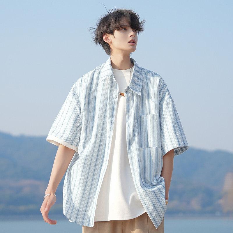 Men Short Sleeve Striped Shirt Loose Fit Casual Button Down Beachwear Top M белый