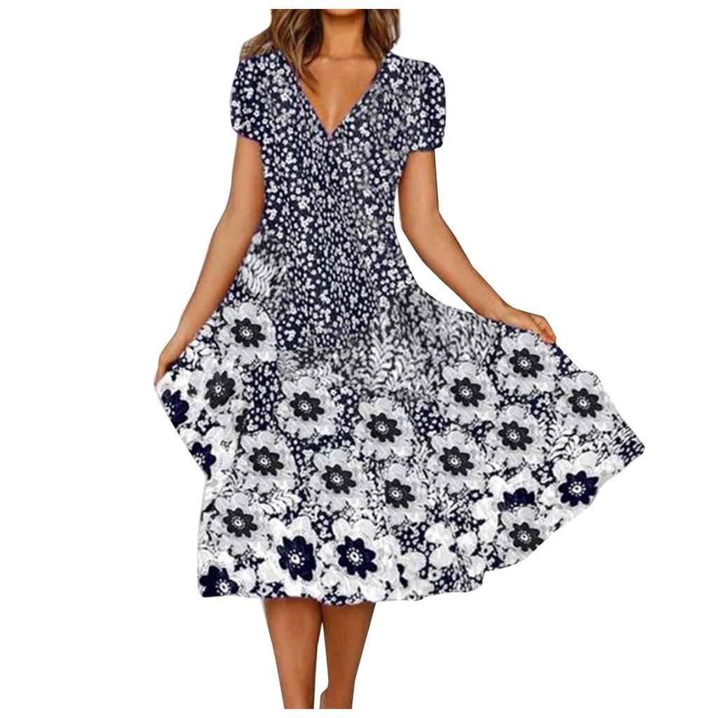 Women's Fashion Summer New Floral Print V-Neck Short Sleeve Loose Casual Dress