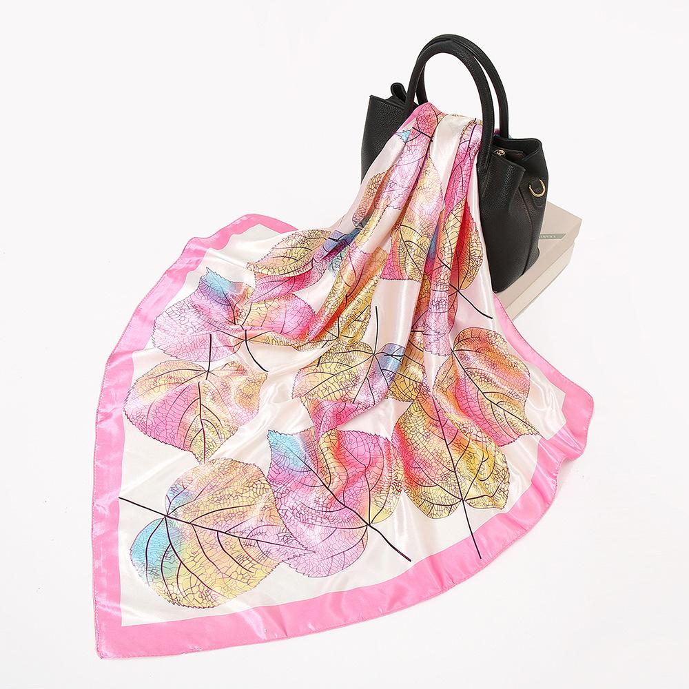 Square Silk Scarves Women Hijab Shawl Leaves Print Kerchief Femme Head Scarf Foulard Bandana Beach Pareo Imitation Silk 90*90Cm