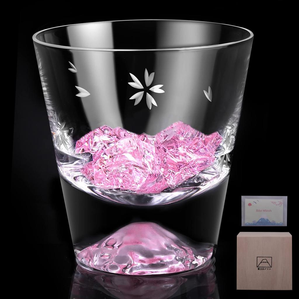 Mount Fuji rocks glass with Sakura Kiriko Comes in a paulownia wood Perfect for or Stylish and perfect as a gift for or 60th 270cc High-quality,