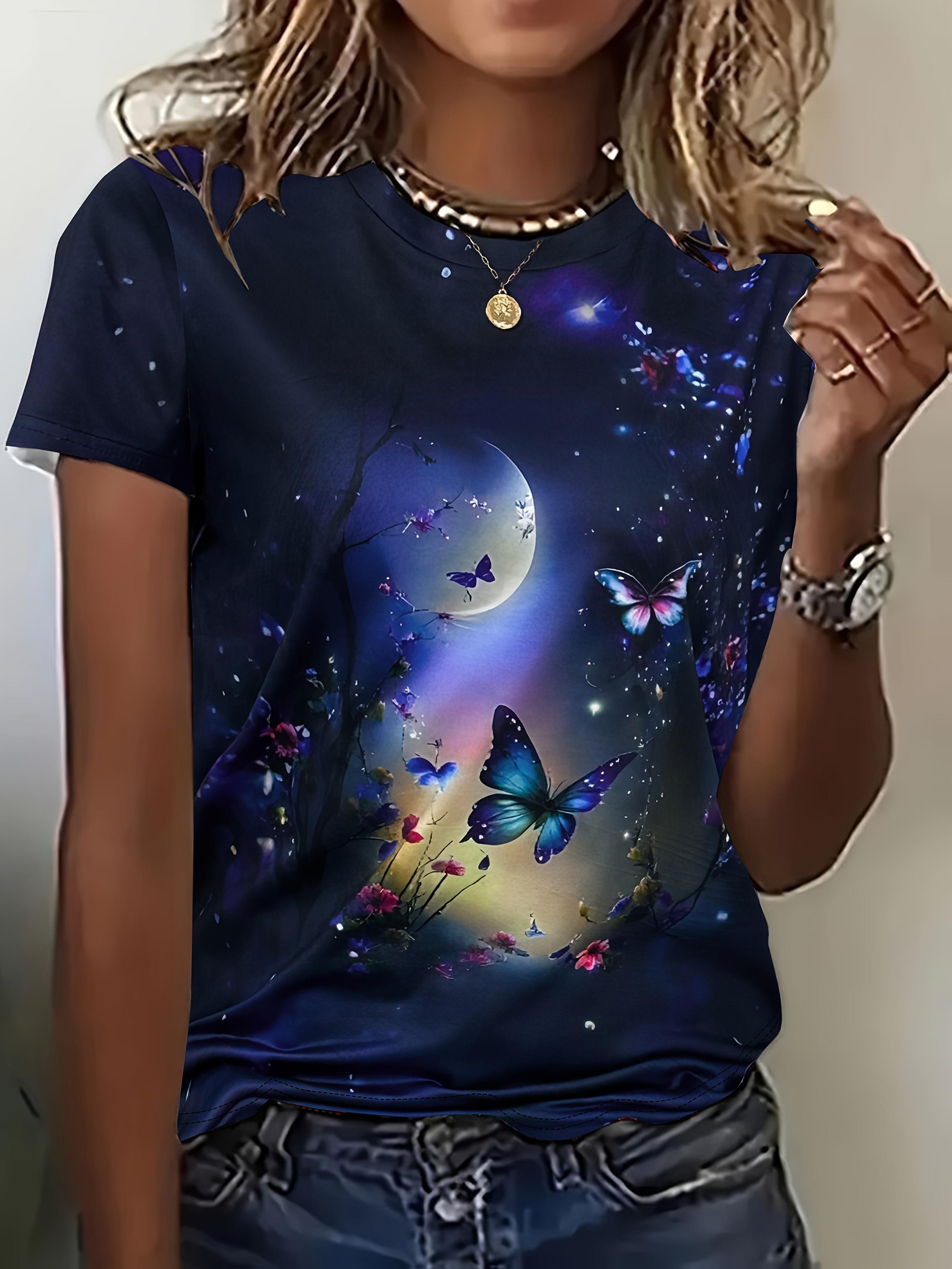

Women s Short Sleeve Round Neck T-Shirt with Butterfly ; Moon Print - Blouse for - Casual Wear. Spring Summer Outfits. Machine Washable Round Neck Top S дубильная кора