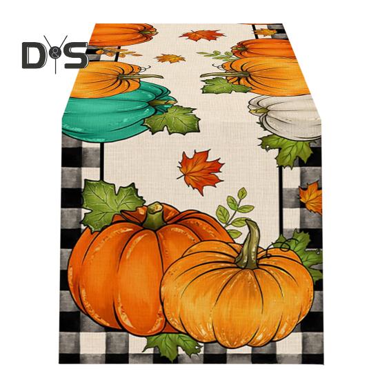 Thanksgiving Party Table Runner Pumpkin Sunflower Print Stain-Proof Reusable Table Protection Decoration Hotel Prom Banquet Table Runner
