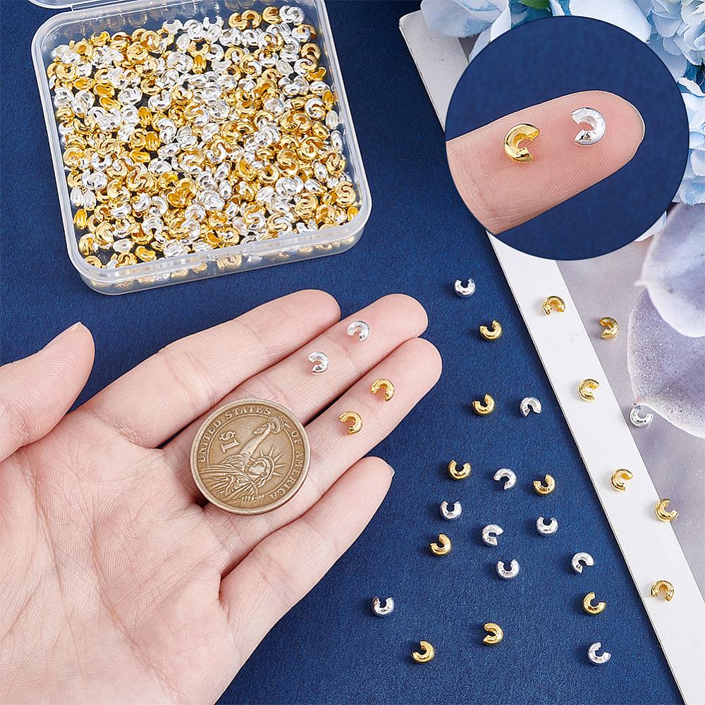 400Pcs 2 Colors Brass Crimp Beads Covers, Round, Golden & Silver, 4x3mm, Hole: 1.5mm, 200pcs/color