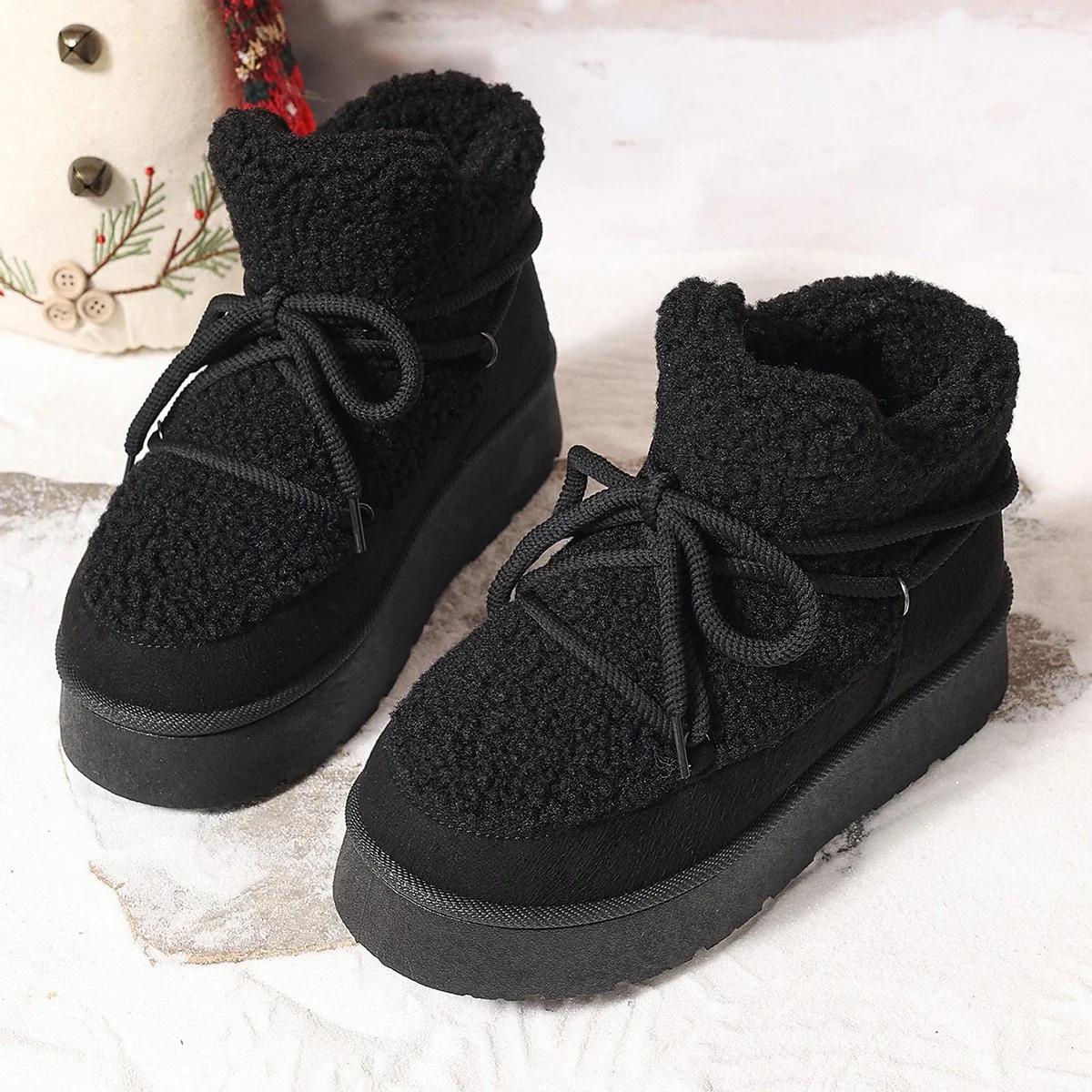 

Модные женские зимние ботинки на шнуровке из толстого пушистого меха, новые ботильоны до щиколотки из искусственной овчины, теплые и удобные, противоскользящая платформа, ботильоны для снега 41 чёрный