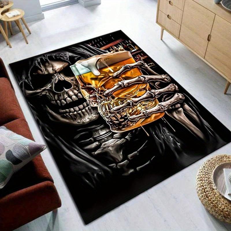 Skull with Whiskey Glass Rug for Man Cave Decor - Bold Skeleton Art Carpet | Masculine Interior Design Skid resistant carpet
