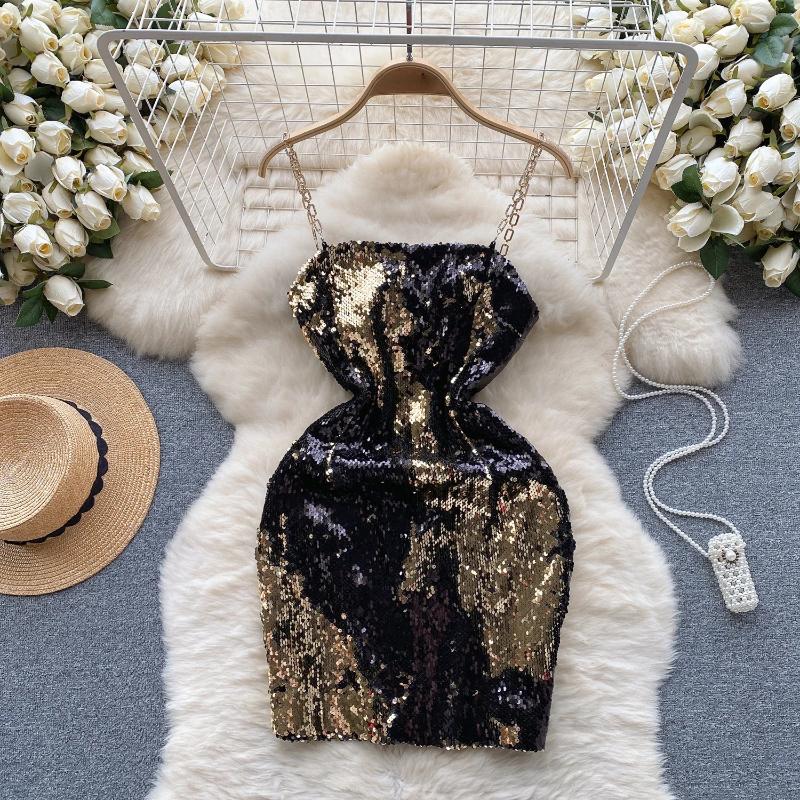 Sexy Sequin Slip One Piece Dress Women Patchwork Chic Vintage Evening Party Dresses Female Korean Fashion Design Slim Ceremonial Dress 2024