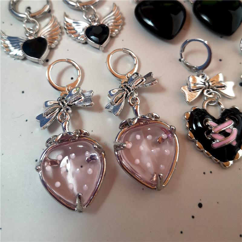 Goth Vintage Süß Schleife Rosa Erdbeere Herz Stern Anhänger Ohrringe Egirl Gothic 2000er EMO Rave Schmuck Scene Zubehör