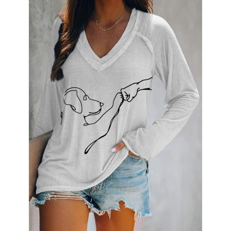 ilstile Women's Dog Print T-Shirts Summer Casual Loose Long Sleeve V Neck Tops White Black Blue Green T Shirt Hot Sale