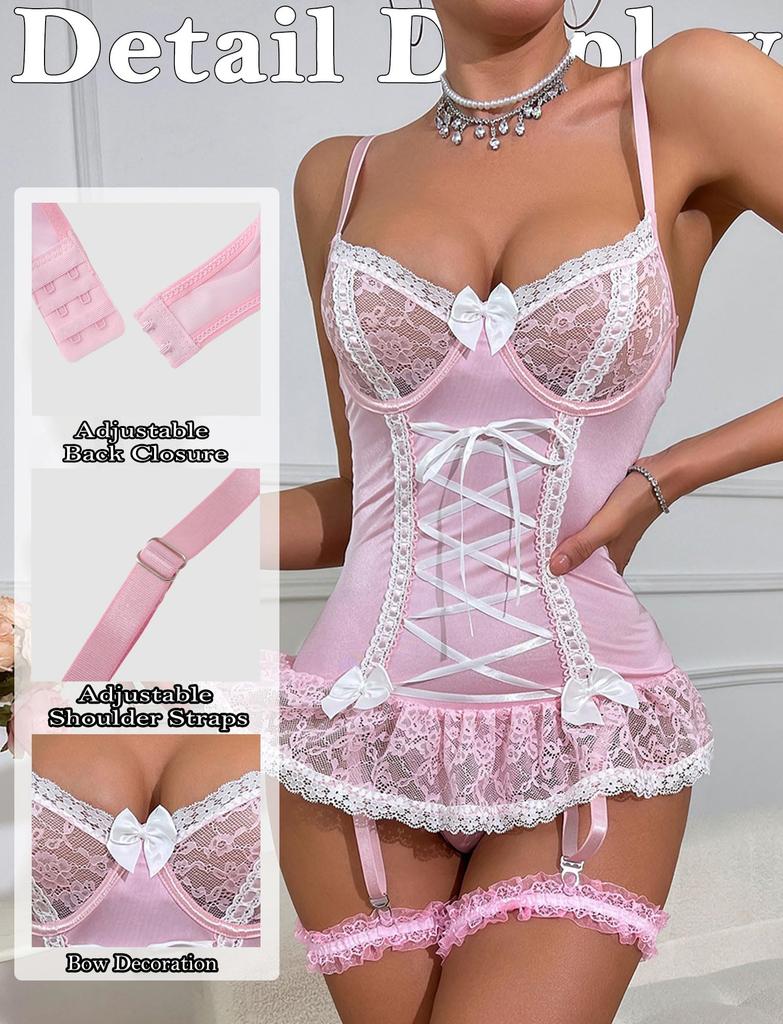 Sexy Cute Leg M [Maeau] Leotard, See-through, Lingerie, Lace, Babydoll, Women's, Bodysuit, See-through, Pajamas, Casual, Loungewear, Gift, Ring, Pink,