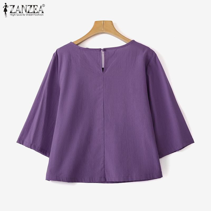 ZANZEA Damen Freizeit Rundhals Locker 3/4 Ärmel Baumwollbluse