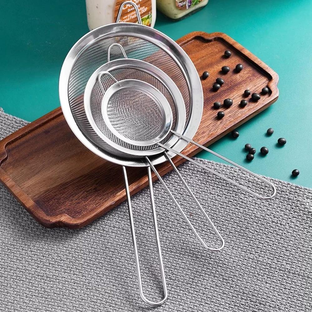 3pcs/Set Stainless Steel Flour Sifter with Handle Sieve Metal Strainer for Kitchen Rice Juice Quinoa Food Flour Baking