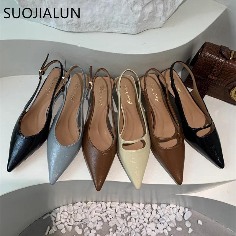 Mode SUOJIALUN Sommer Neu Damen Sandale Mode Spitz Zehenbereich Flach zum Hineinschlüpfen Damen Elegant Slingback Schuhe Dünner Mittlerer Absatz Kleid Pantoletten