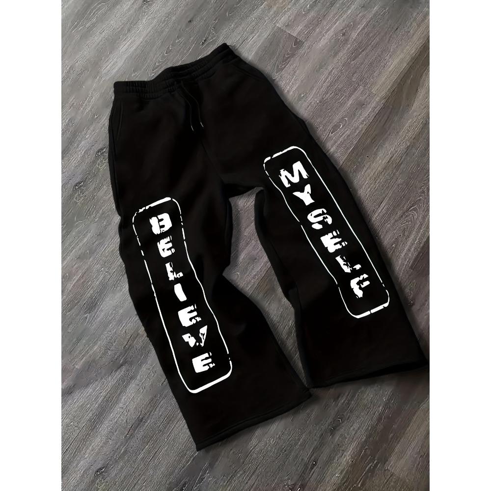 Men s Urban Black Sports Pants, Abstract Print, Drawstring Loose Fit Essential for the Streets S