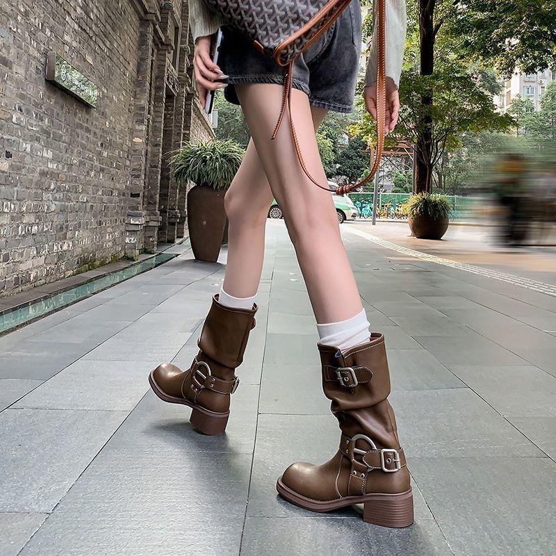 Fashion Leather Fleece-Lined Middle Heel Half High Boots for Women Comfortable and Elegant Y2k Large Size Warm Pu Mid Calf Shoes Woman