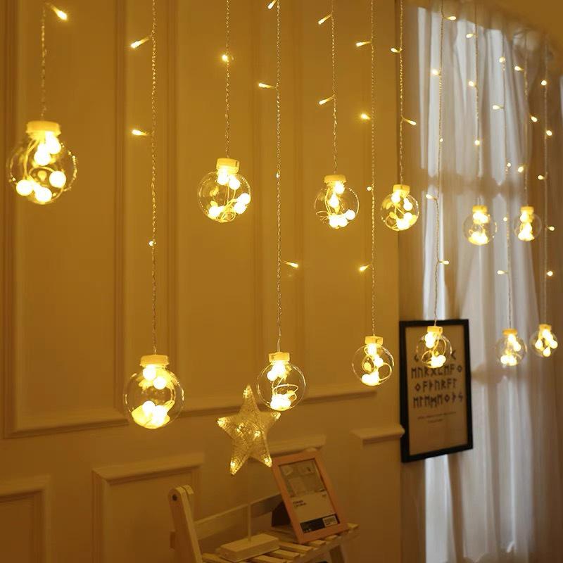 Twinkling LED Curtain Lights with Wishing Ball, Star, and Bell Accents for Christmas and Birthday Decor