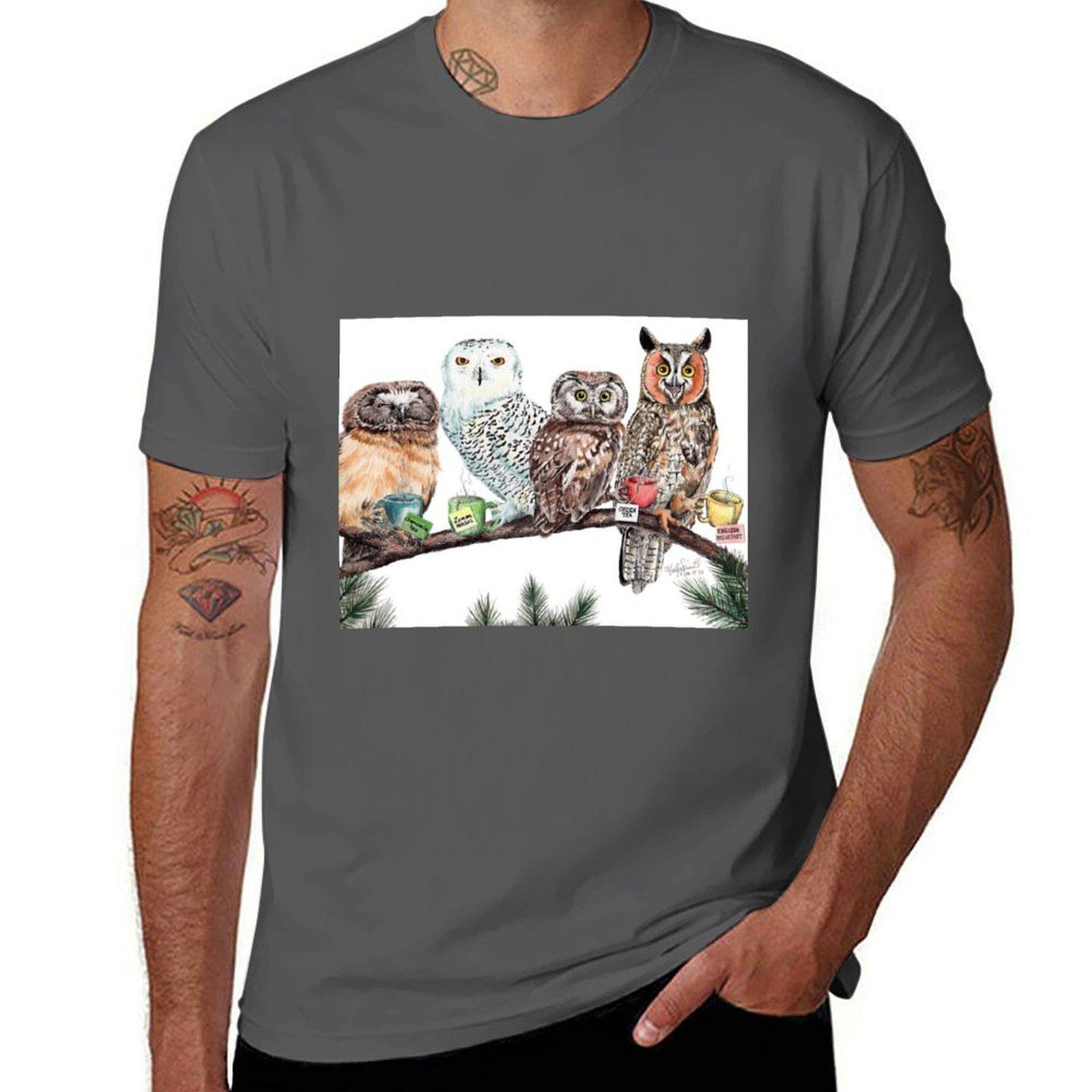 

Tea Owls T-Shirt cotton t shirts man 100% cotton t shirts high quality T-Shirt 4XL