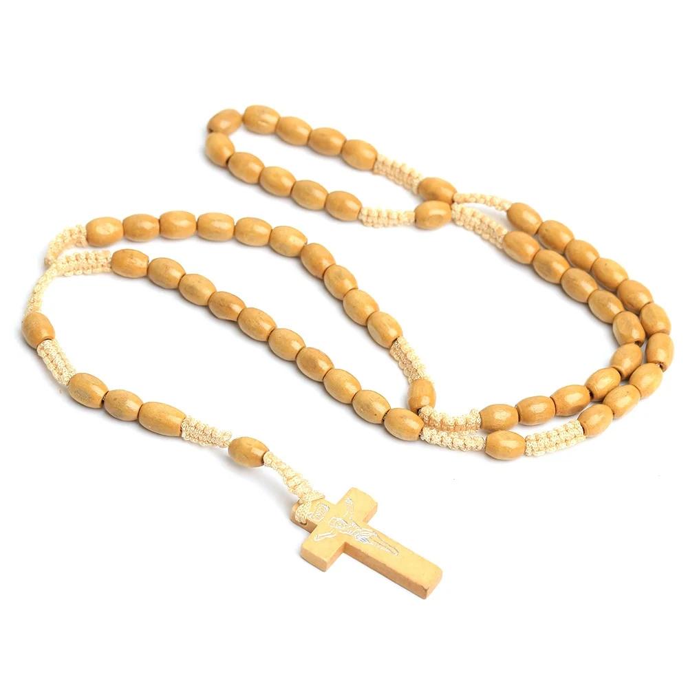 Nuevo Colgante de Coche con Cruz de Cuentas de Madera Para Mujeres Hombres Católico Cristiano Religioso Jesús Rosario Joyería Regalo