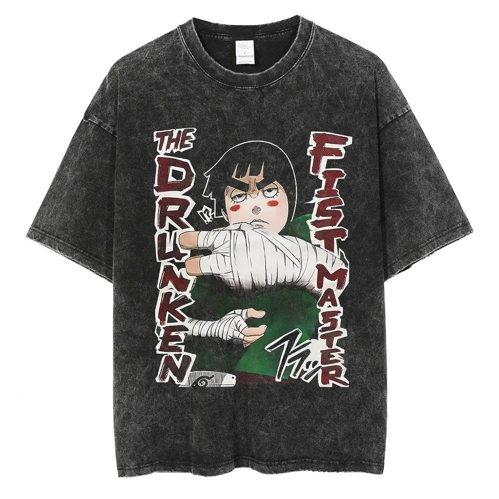 Anime Naruto Print T-Shirt Washed Oversized Tee Summer Short Sleeve Cotton Men Women Streetwear Vintage Black Washed T Shirt Harajuku Tops