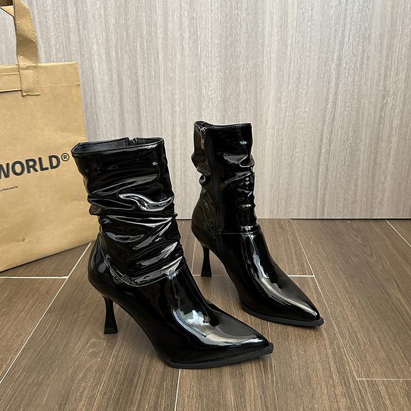 

2025 autumn pointed thick heel high boots women s European and American pleated sleeve knight boots high heel but knee boots 35