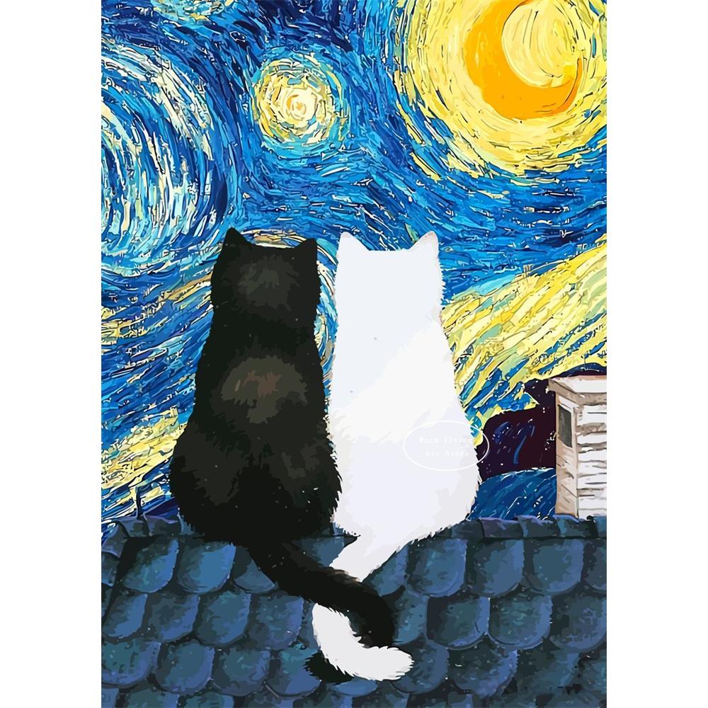 5D Diy Diamond Painting Cross Stitch Embroidery Mosaic Funny Black Cat Flower Van Gogh The Starry Night Full Round Drill Home Decor Wall Art Gift