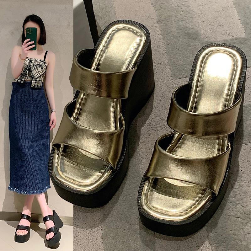 Sandalias de Mujer Versátiles de Cuña Super Altas de Moda PU Sólido para Aumentar la Altura Zapatos de Punta Abierta de Una Correa Venta Caliente 2024 Zapatos para Mujer