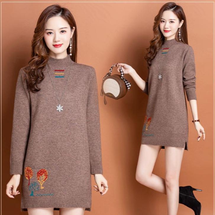 Mid Length Sweater Dress for Women Loose Thick Warm Semi High Neck Knitted Sweater Solid Color Long Sleeved Pullover