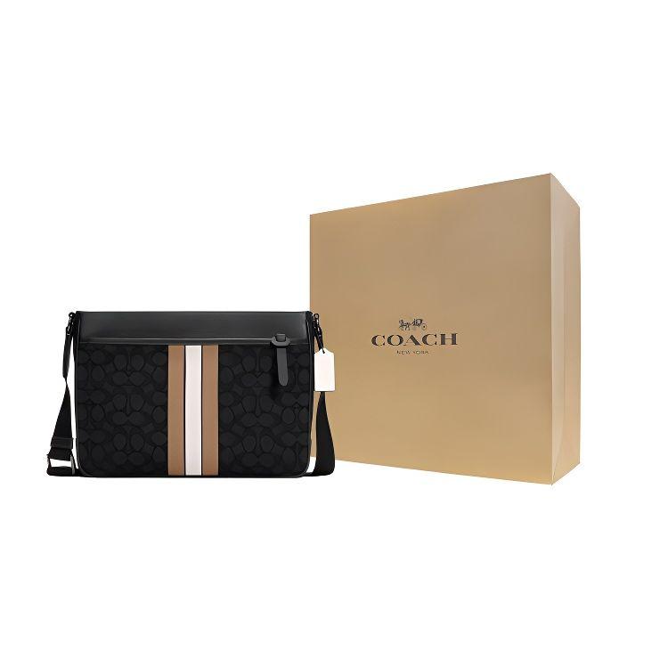 Coach Thompson 30 Classic Monogram Stripe Jacquard Fabric And Pebble Leather Briefcase Shoulder Crossbody Bag Large Men bags Black Brown C5291-QBT14