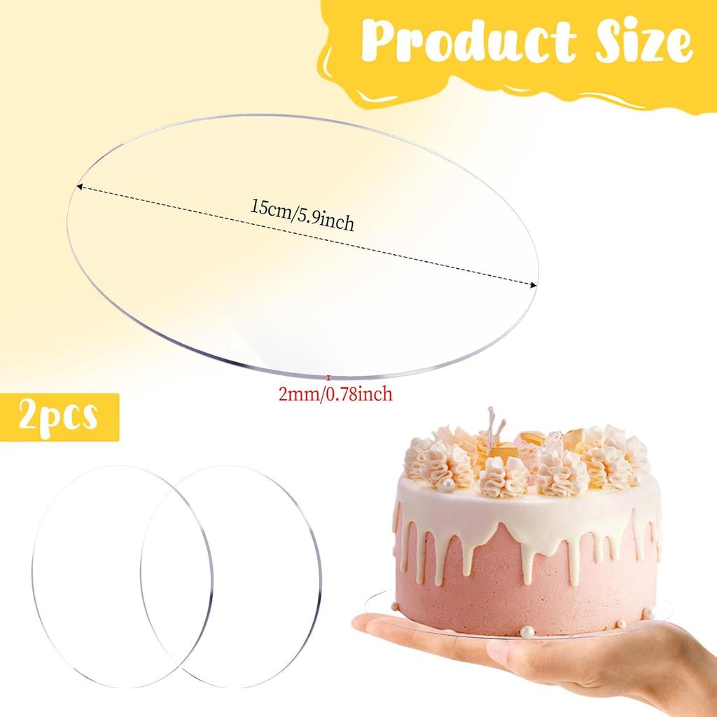 Giantree 2 Pcs 1/4" Clear Cake Boards Round, 6 Inch Diameter Acrylic Cake Disc Round Cake Table Top for Cake Baking DIY Dessert and Crafting (15cm)