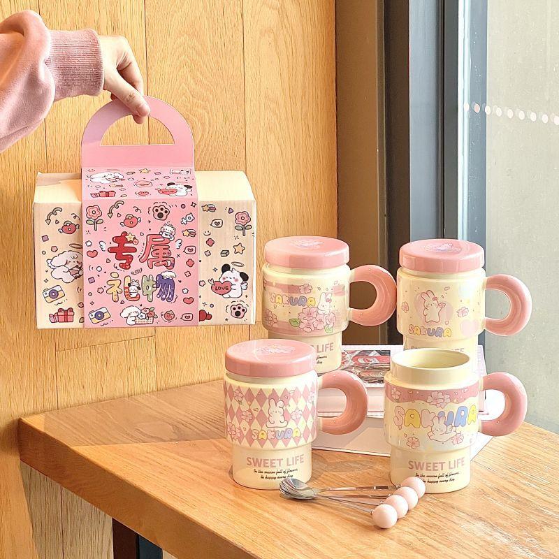 Cute Girl Cherry Blossom Rabbit Cup High-looking Ceramic Mug with Lid Spoon Office Breakfast Coffee Cup