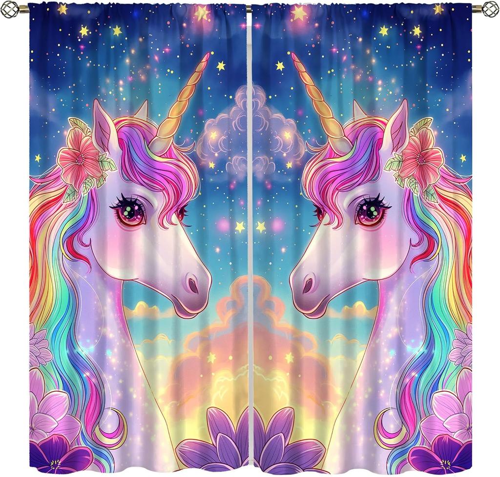 Purple Unicorn Curtains Girls Fantasy Mystery Fairytale Clouds Stars Magic Unicorns Window Drapes Kids Nursery Made Of Polyester