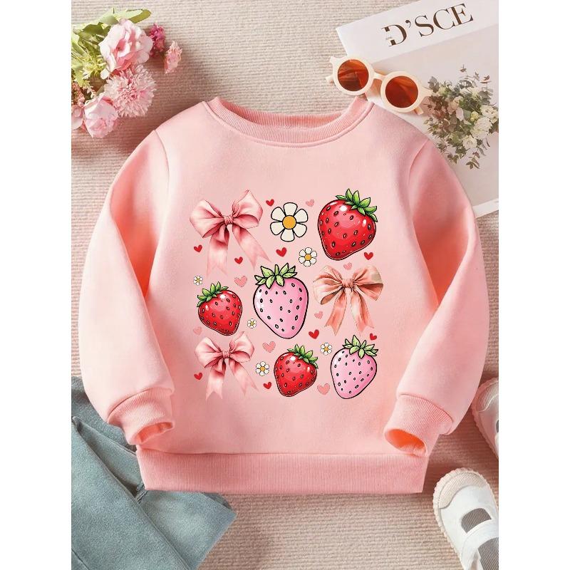 Kids Sweatshirt Sweet Strawberry: A Playful Design Featuring Strawberries, Bows, And Flowers on a Long Sleeve Crewneck Sweatshirt