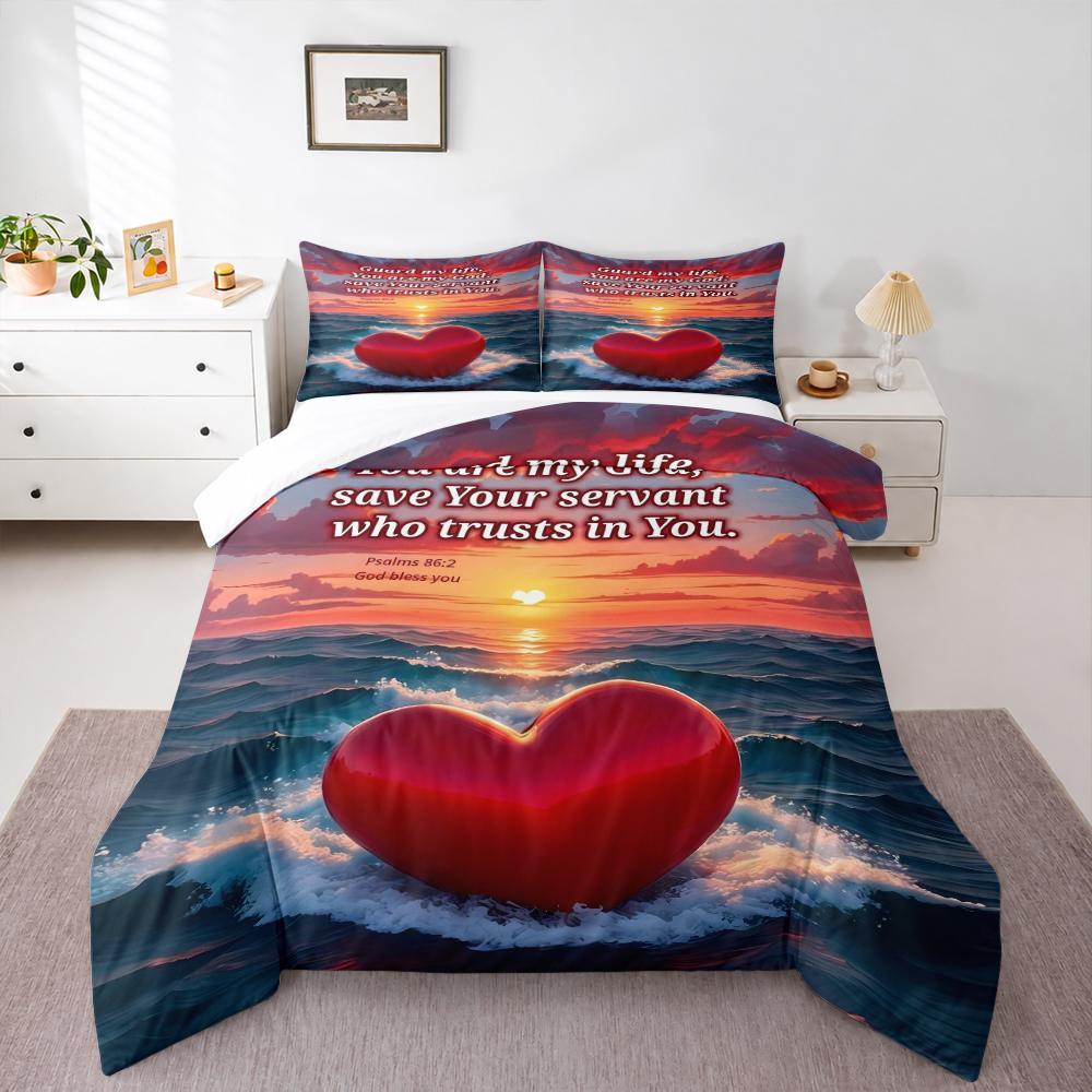 Psalms 86:2 Heart Ocean Sunset Bedding set (1 duvet cover, 2 pillowcases, duvet not included) for Bedroom Living Room Decor, Scripture Art Print