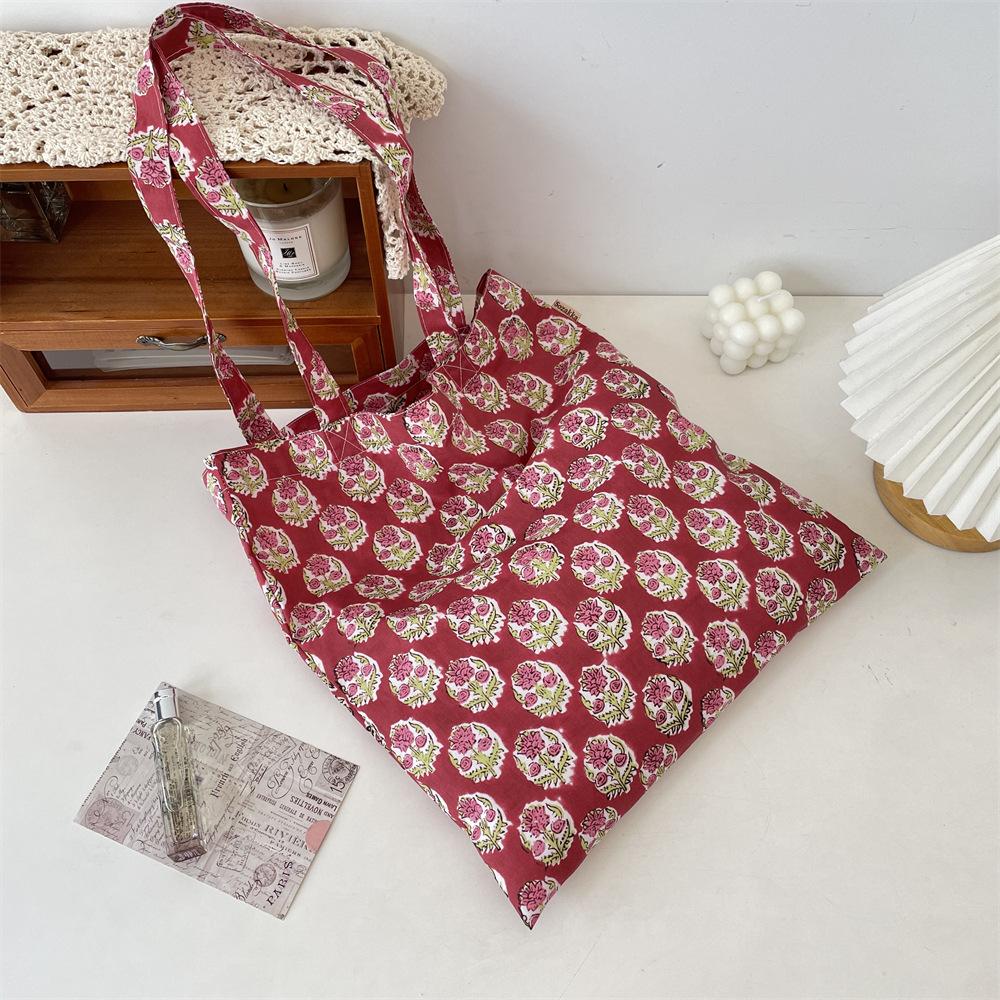 Summer Retro Floral Single-layer Thin Shoulder Bag Large-capacity Canvas Bag Women's Shopping Commuter Shoulder Bag