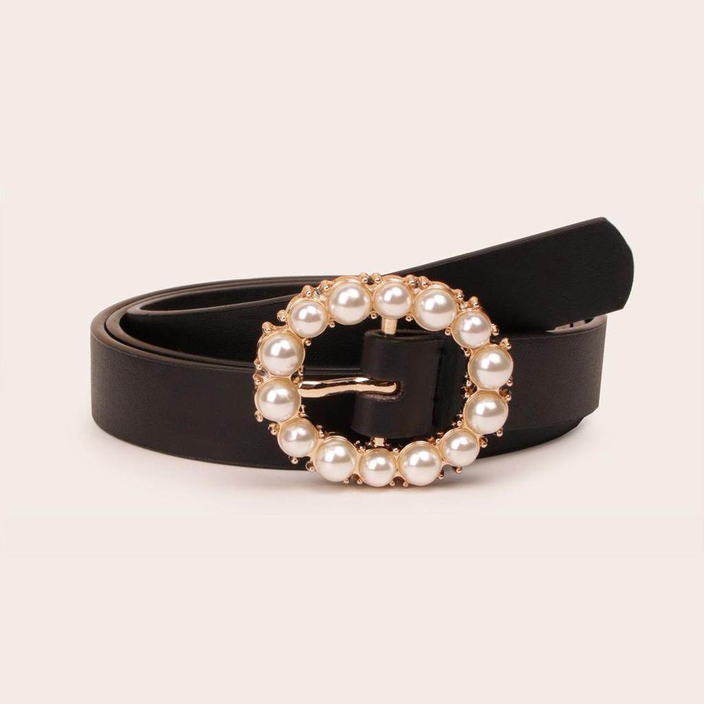 Elegant Women's Two-Piece Leather Waist Belt Set with Pearl Buckle