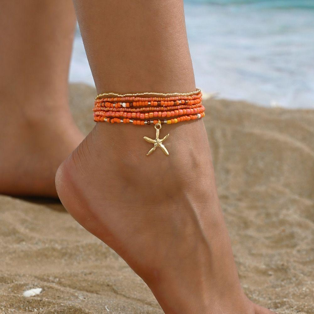 6pcs Stretch Beach Rice Beads Elastic Anklet Multilayer Anklet Set New Beach Jewelry