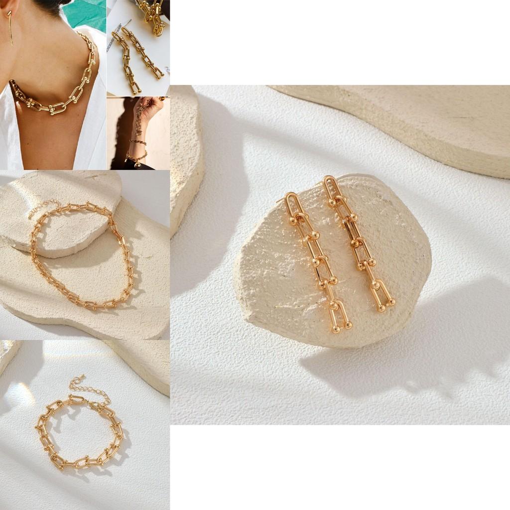 Contemporary Minimalist Horseshoe Buckle Chain Jewelry Set Bracelet Necklace Earrings