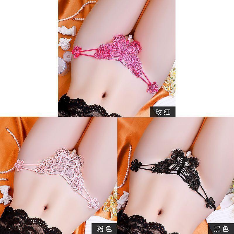 Fashion Sexy Lace Hollow Out Exquisite Embroidery Pearl Low Waisted Underpants Women's High Elastic Ultra Thin Thong 2CV6