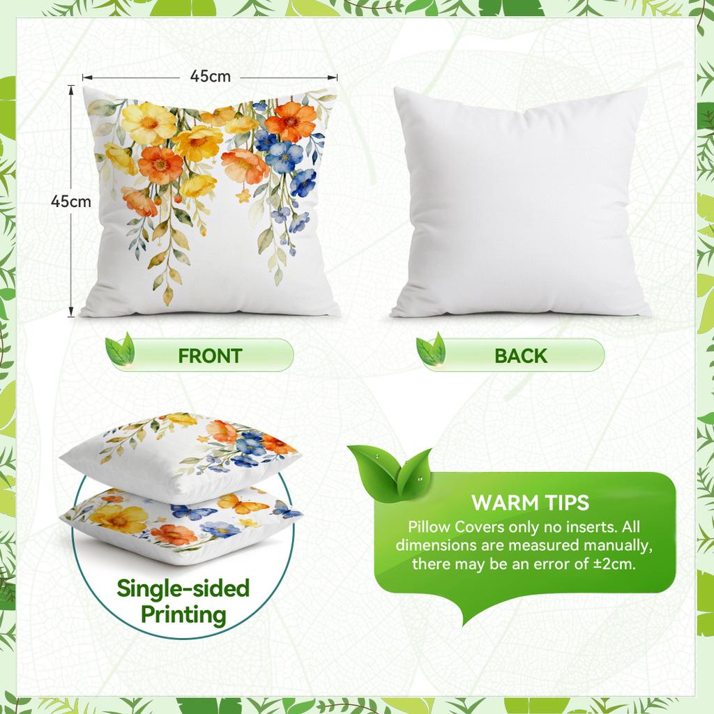 4 Pcs Watercolor Flowers Butterfly Bird Feathers Single-Sided Printed Pillowcase For Home Living Room Bedroom Car