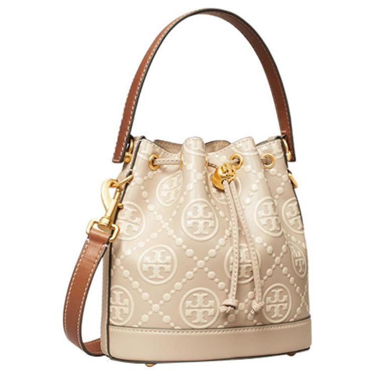 Tory Burch T Monogram 21 Drawstring Closure Detachable Shoulder Strap Leather Bucket Bag Women bags Longan-Brown Cream-White 146294-020