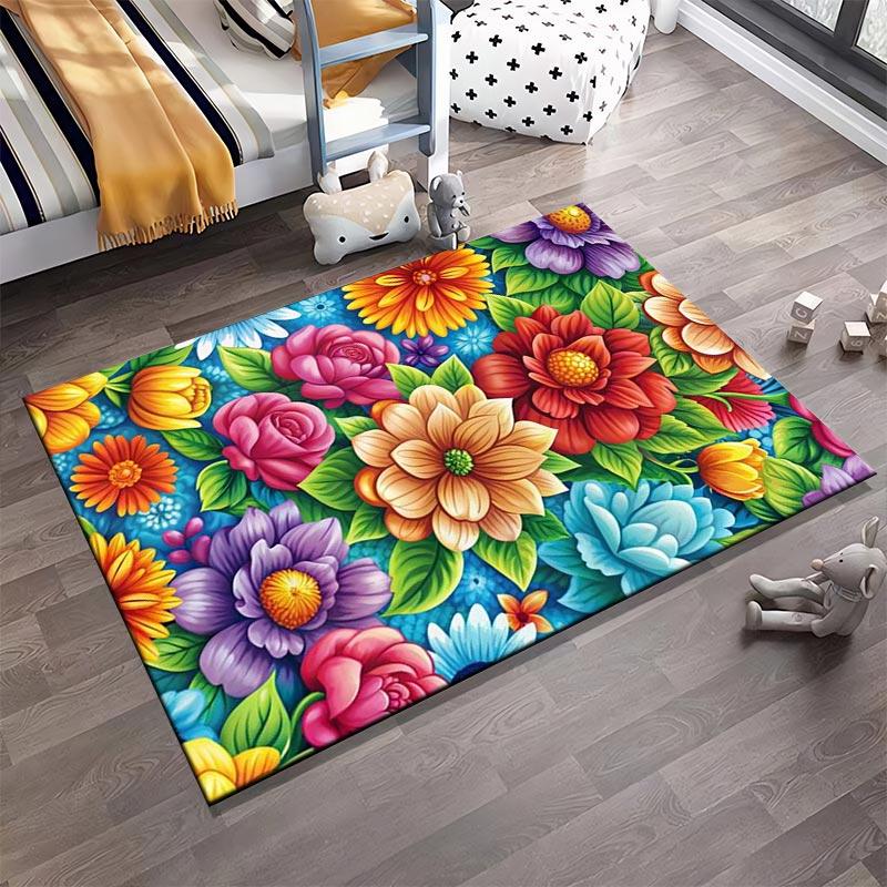 Floral Carpet with Vibrant Multicolor Flowers on Blue Background Suitable for use as an anti-slip for living room bedroom sofas