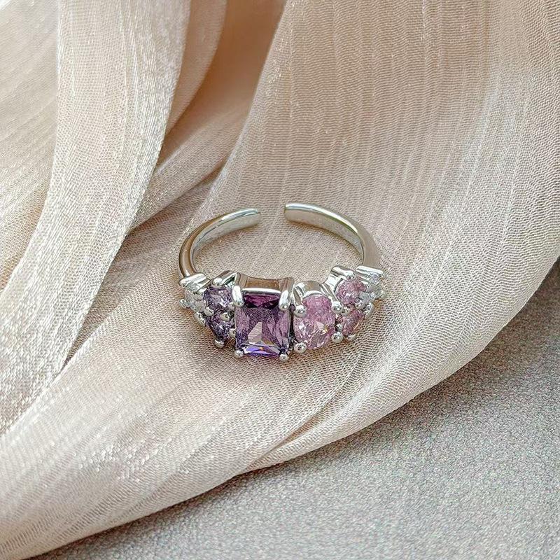 Super Immortal Purple Pink Diamond Sweet Cool Flower Opening Ring Jane Girl Niche Light Luxury Advanced Sense Stacking Wear Index Finger Ring