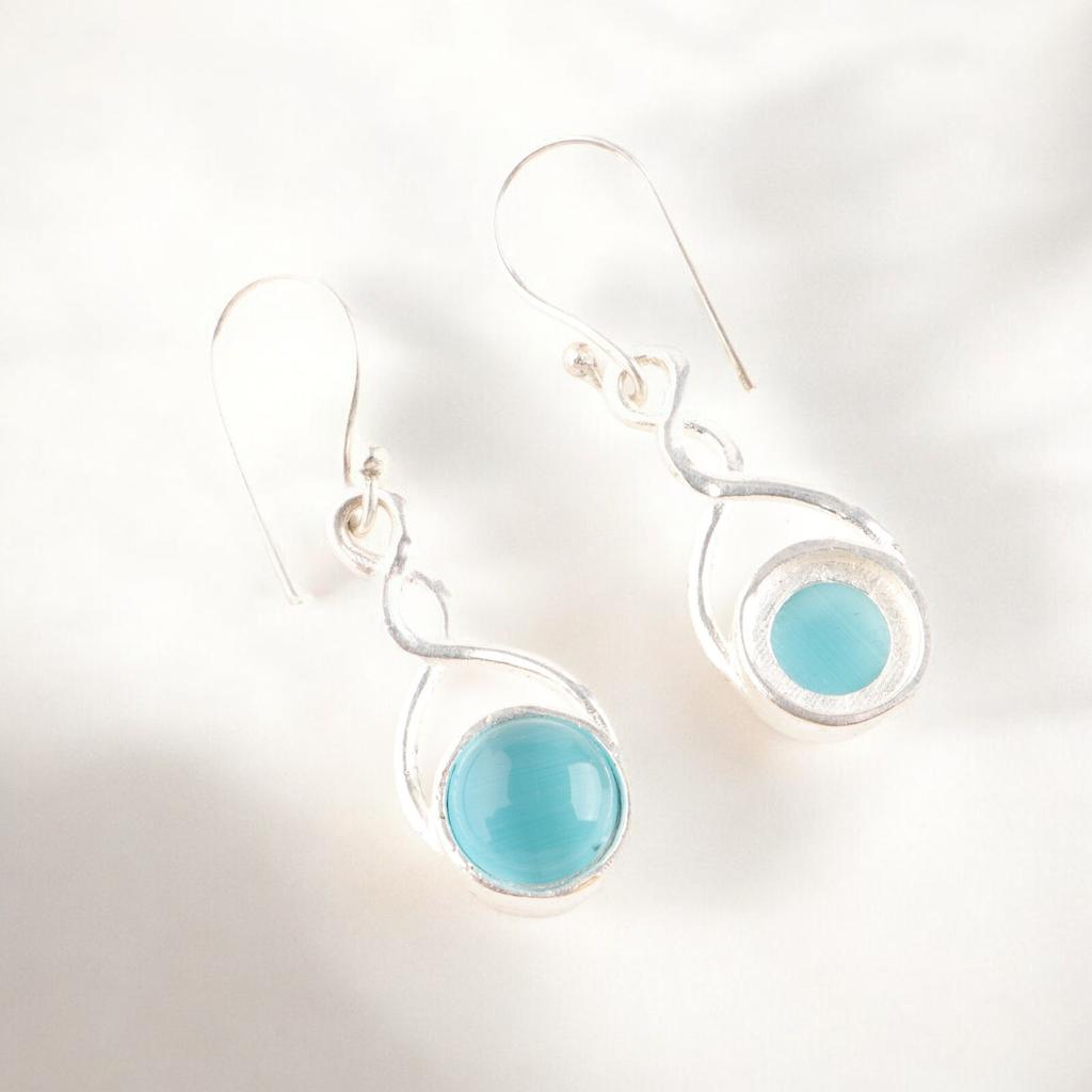 Attractive Blue Cat's Eye Gemstone 925 Sterling Silver Handmade Earrings 1.68" CE-15-43