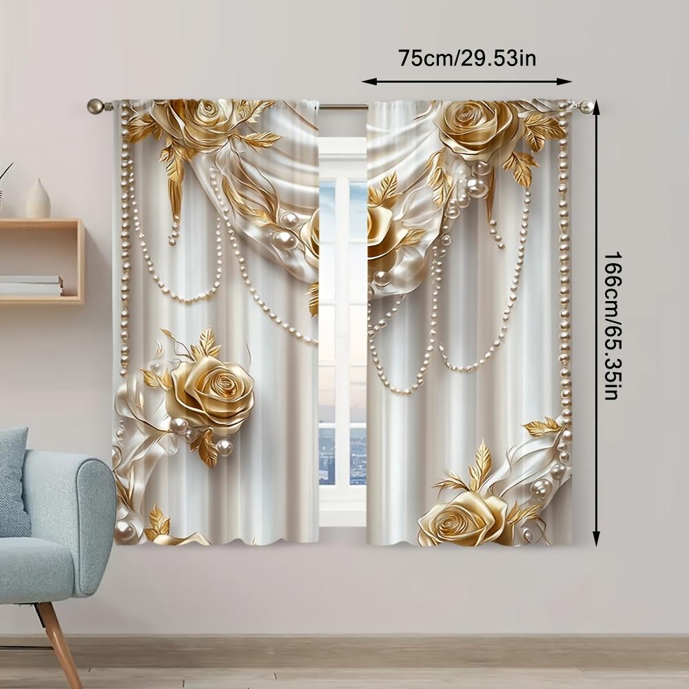 Set Of 2 Elegant Flat Gold Vintage Print Curtains Dining Room Bedroom Living Curtain With Rod Pocket Polyester Perfect For Great