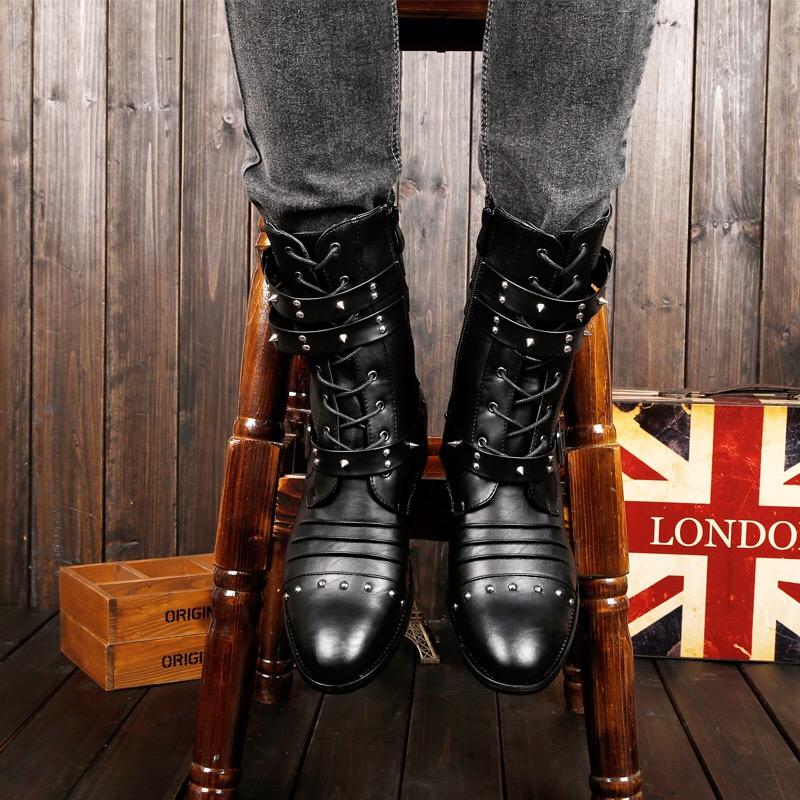 New Autumn Gothic Men Pointed Toe Stage Performance Faux Leather Boots Male Punk Studs High Heels Shoes Rivet Booties