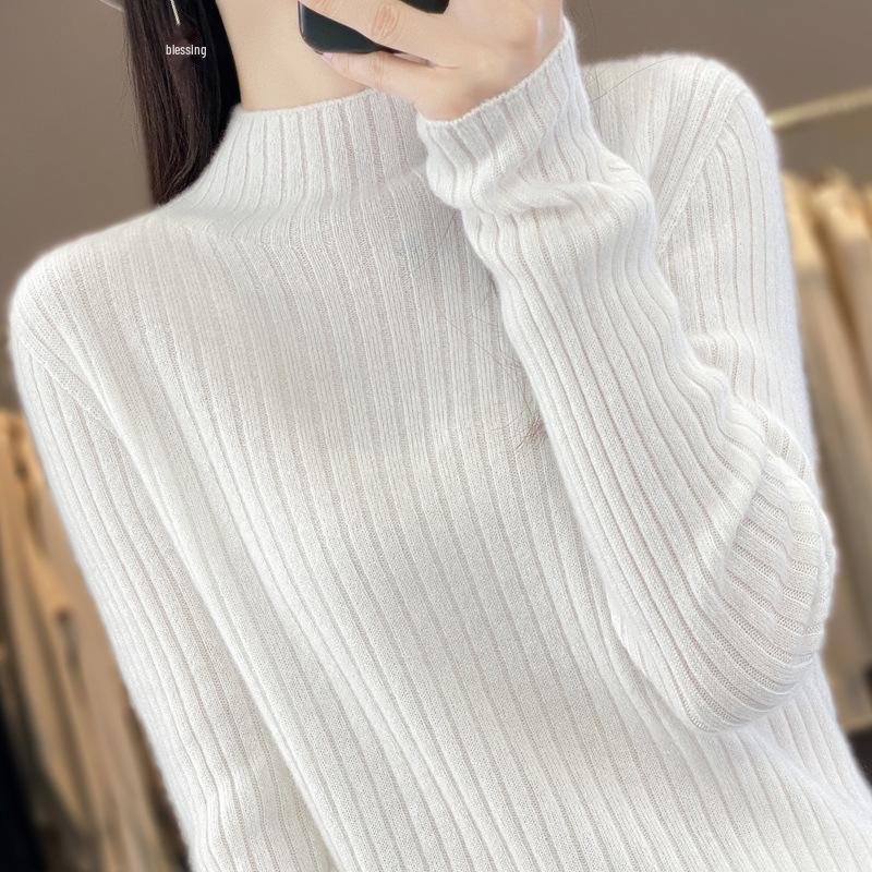 2024 Autumn/Winter Women's Pure Wool Half-High Collar Ribbed Sweater - Slim, Versatile, and Loose-Fitting Knit Top