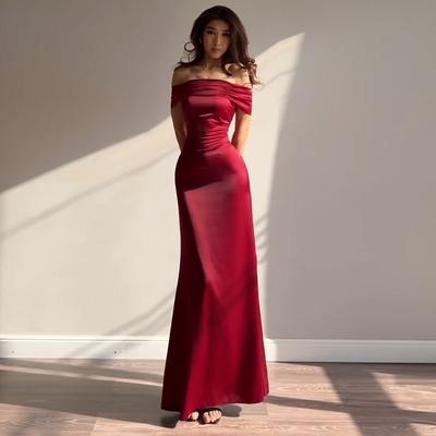 Womens European American Style Off Shoulder Satin Tie Waist A Line Long Evening Dress